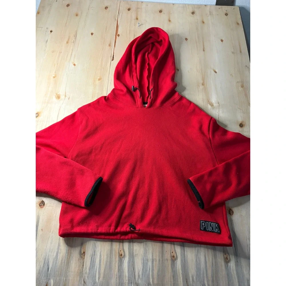 Pink Victorias Secret Fleece Hoodie Red Cropped Drawstring Pullover Womens M